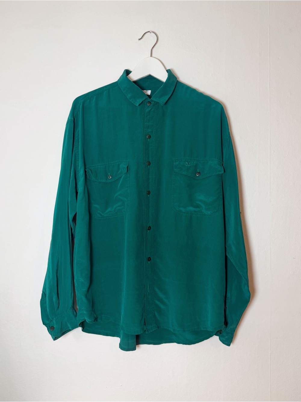 80s/90s Vintage VALENTINO UOMO Sandwashed Silk Utility Shirt (Emerald/Teal)